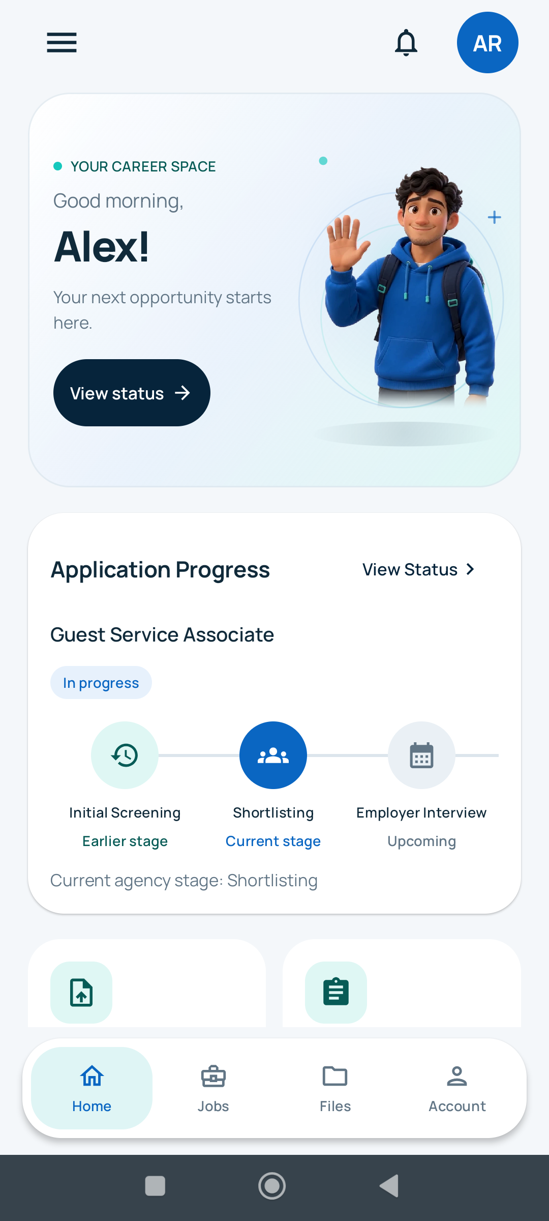 HRTEQ Android home dashboard with a sample applicant’s application progress and shortcuts