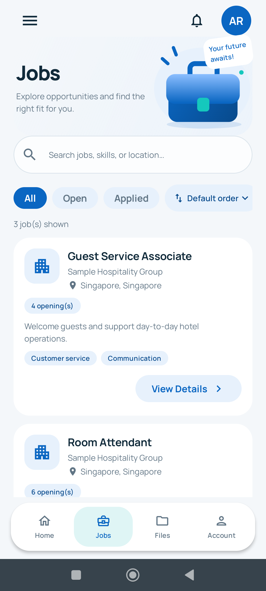 HRTEQ Android Jobs screen with sample job listings, search and filters