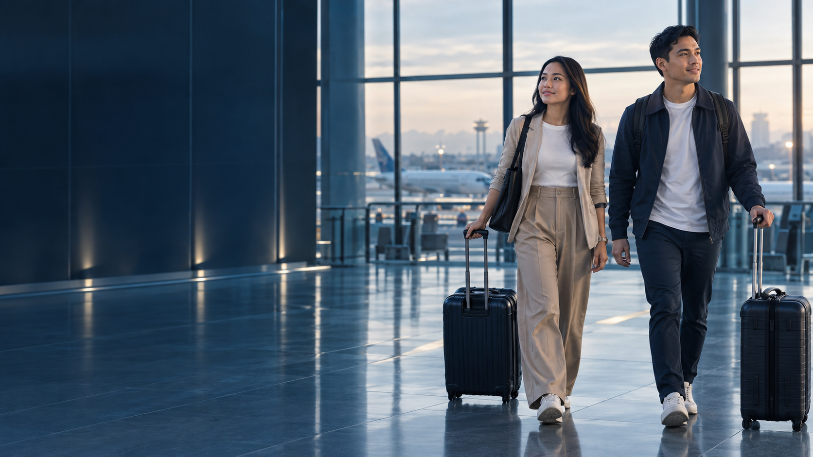 Illustrative overseas-departure campaign with travelers in an airport